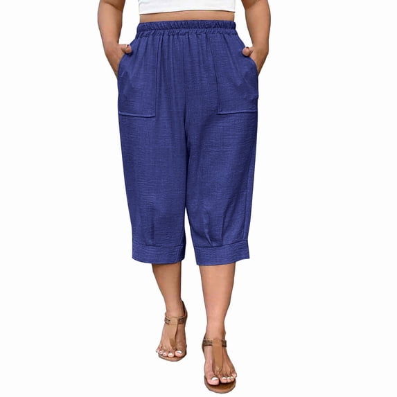 Hueook Capri Pants for Women Barrel Sweatpants Women Ladies' Summer Casual Solid-colored Large-size Cropped Pants with Pockets Blue XL