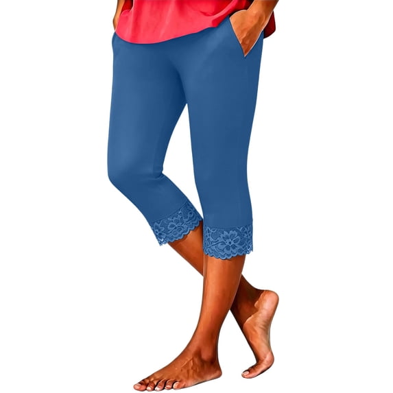 Hueook Capri Pants for Women Yoga Women's Mid- -Pocket Solid Color Lace Leggings for Summer Blue 2X