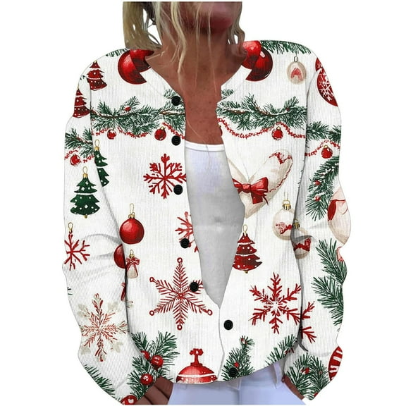 Hueook Cardigan Sweaters Christmas Printed Hooded Thickened Coat Women's CasualChristmas Printed Knitted Cardigan Button Up Jacket Coat White M