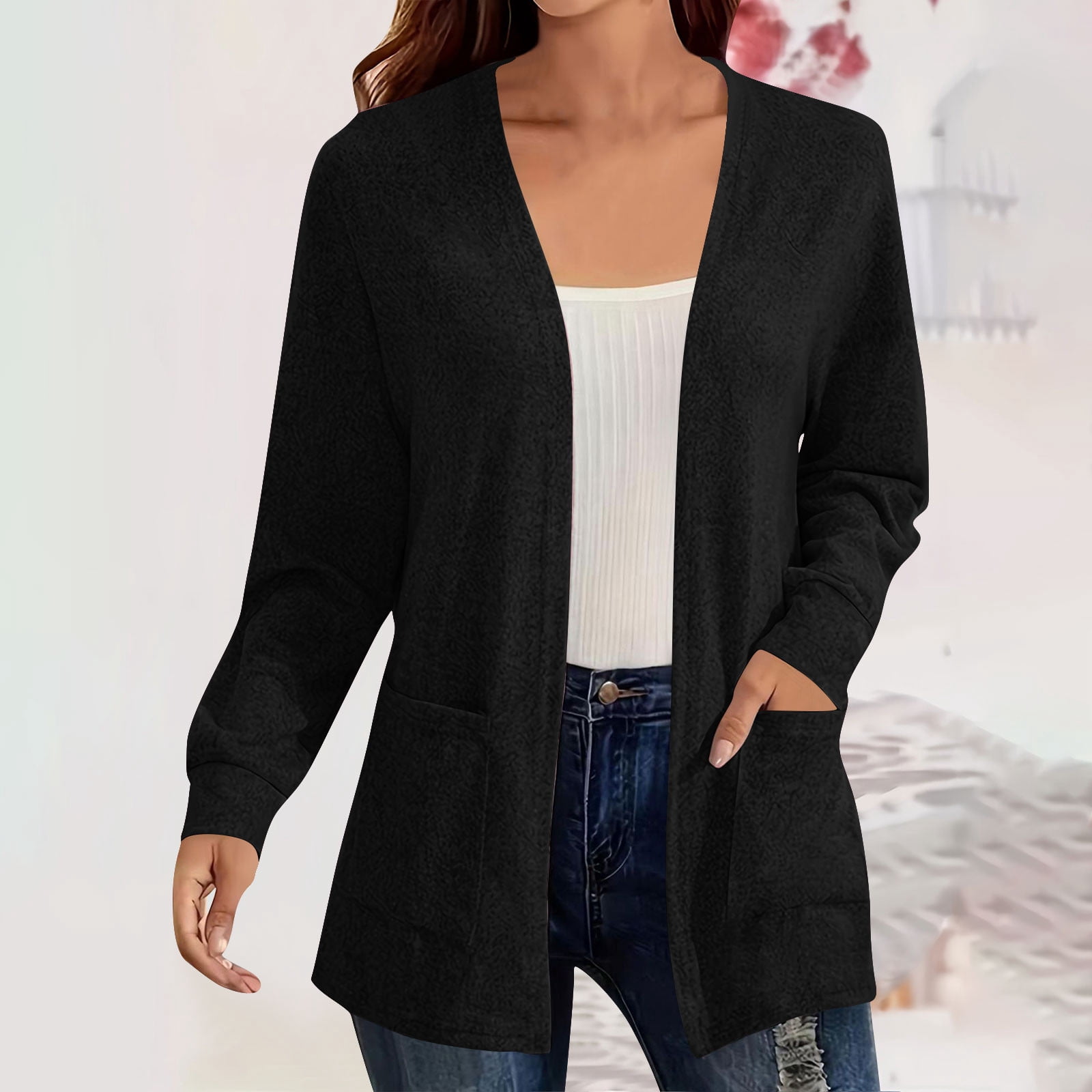 Hueook Cardigan Sweaters for Women Color Long Sleeve Casual Tops Blouse with Pocket Cardigan Black 4X