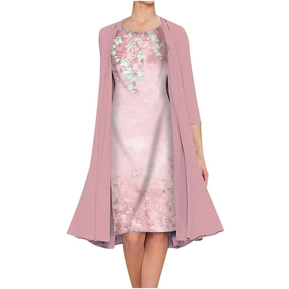 Hueook Cardigans for WomenWomen Casual Floral Print Round Neck Sleeveles Dress Solid Chiffon Two-Piece Set