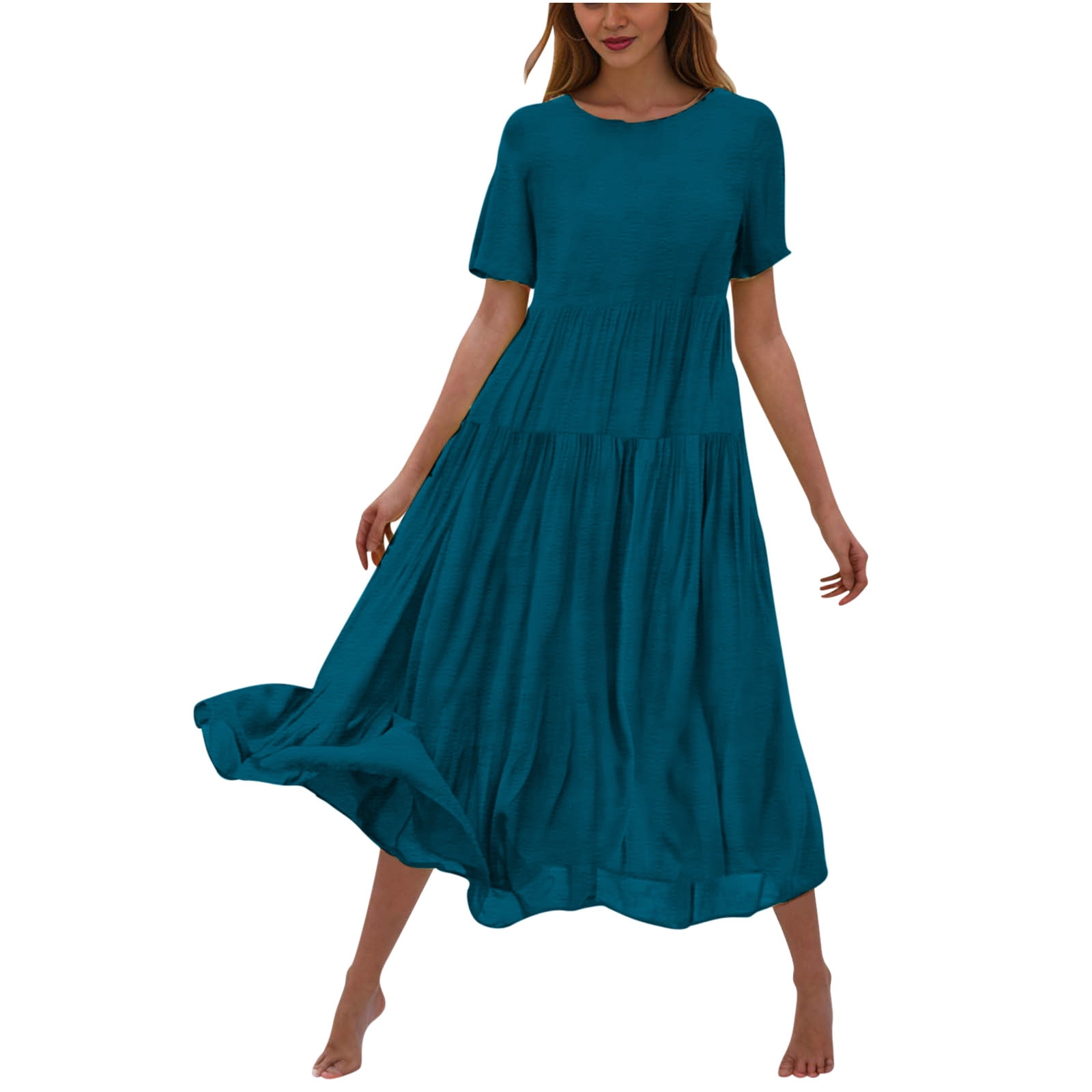 Hueook Casual Dresses for Women Women's Flower Solid Color Casual Short Sleeve Crewneck Dress Casual Flowy Tiered Maxi Beach Dress Dark Blue M