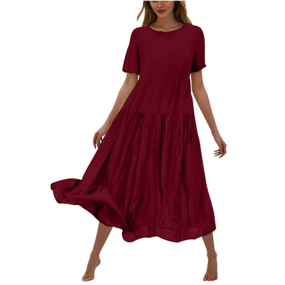 Hueook Casual Dresses for Women Women's Flower Solid Color Casual Short Sleeve Crewneck Dress Casual Flowy Tiered Maxi Beach Dress Wine 2X