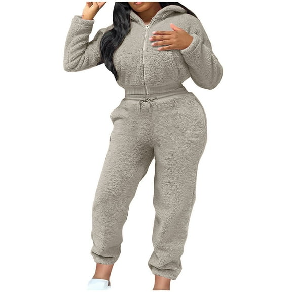 Hueook Casual Outfits for Women's Casual Solid Color Slim Fitting Round Neck Top and Pants Long Sleeved Hooded Set Suit Gray S