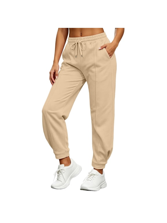 Casual Pants for Women Cotton Linen Ankle High Waist Jogger Sweatpants Casual Drawstring Elastic Cuff Pants with Side Pockets Soft Workout Track Pants Khaki S