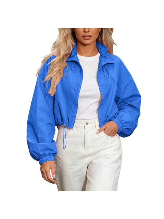 Casual Zip Up Coat for Women Crop Bomber Jacket Petite Long Sleeve Stand Collar Full Zip Up Drawstring Hem Loose Cropped Windbreaker Jacket Blue 2X