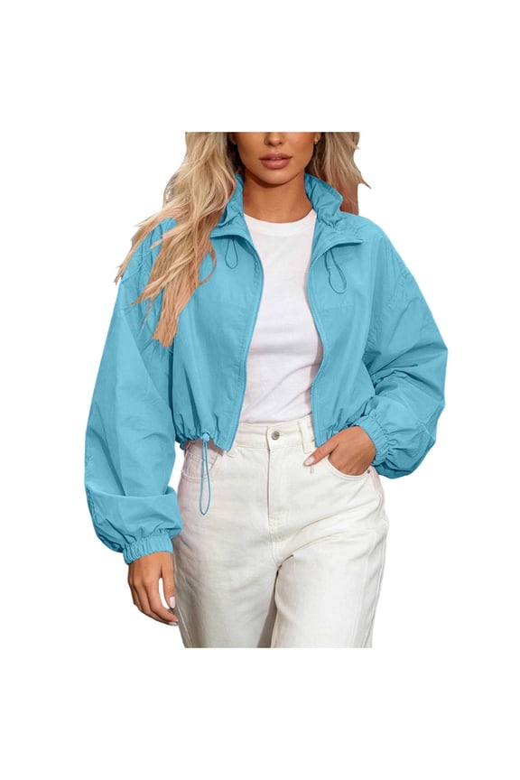 Casual Zip Up Coat for Women Crop Bomber Jacket Petite Long Sleeve Stand Collar Full Zip Up Drawstring Hem Loose Cropped Windbreaker Jacket Sky Blue S