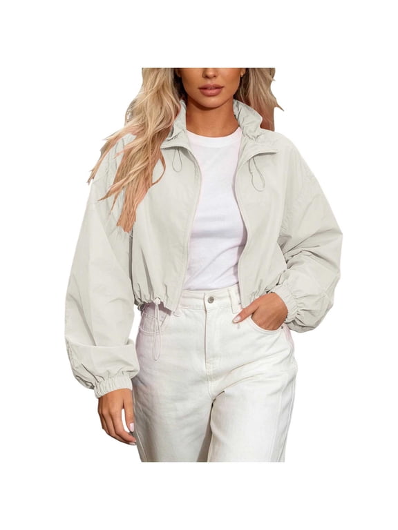 Casual Zip Up Coat for Women Crop Bomber Jacket Petite Long Sleeve Stand Collar Full Zip Up Drawstring Hem Loose Cropped Windbreaker Jacket White M