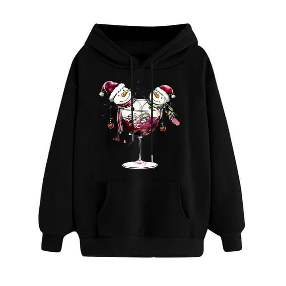 Hueook Christmas Hoodies for Women Women's Print Winter Hoodie Pullover Long Sleeved Comfortable Sweatshirt Black M