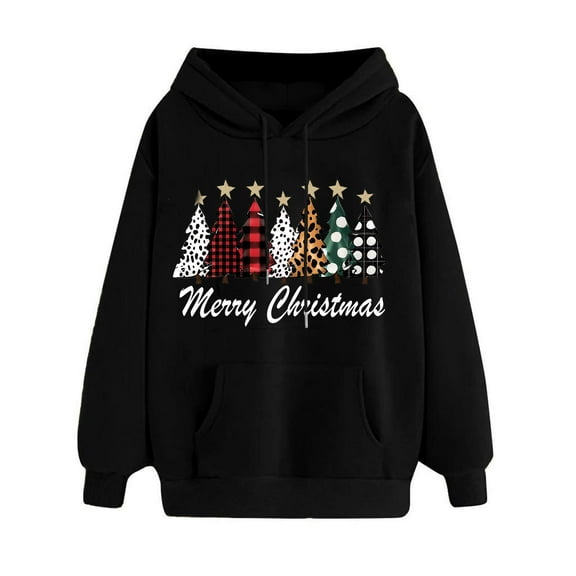 Hueook Christmas Hoodies for Women Women's Print Winter Hoodie Pullover Long Sleeved Comfortable Sweatshirt Black M