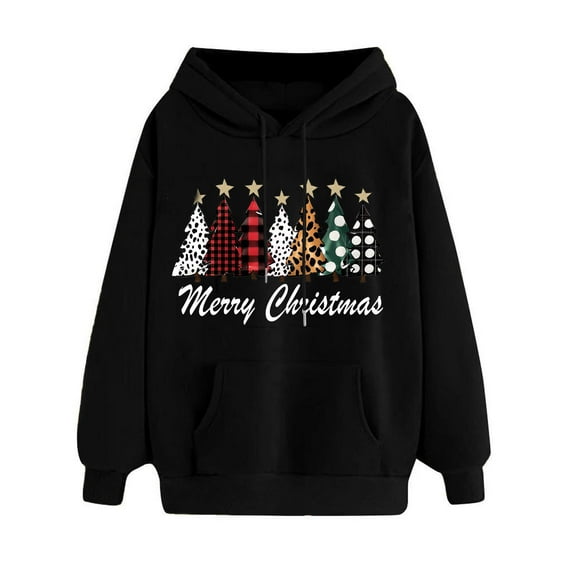 Hueook Christmas Hoodies for Women Women's Print Winter Hoodie Pullover Long Sleeved Comfortable Sweatshirt Black S