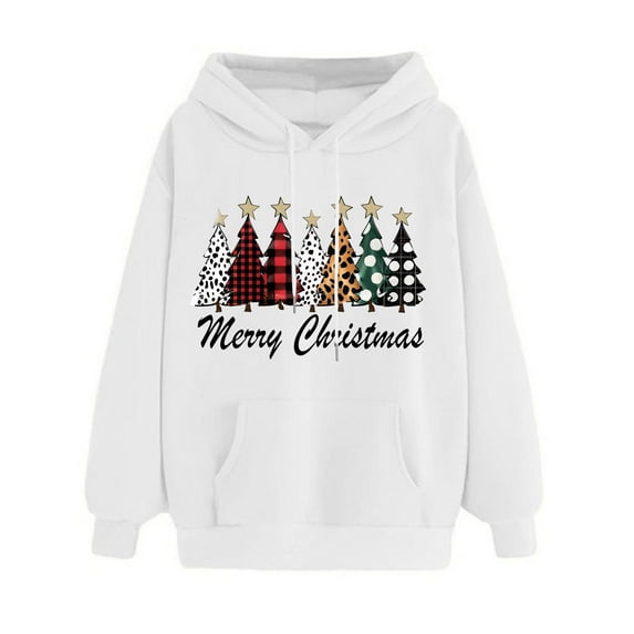 Hueook Christmas Hoodies for Women Women's Print Winter Hoodie Pullover Long Sleeved Comfortable Sweatshirt White M