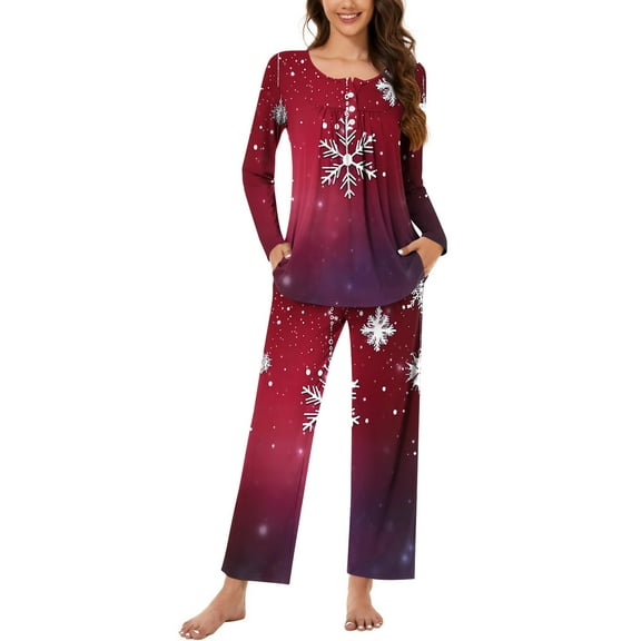Hueook Christmas Pajamas for Women Women Christmas Fashionable and Casual Loose Printed Round Neck Button Up Long Sleeved Pants Pajama Set Multicolor 3X