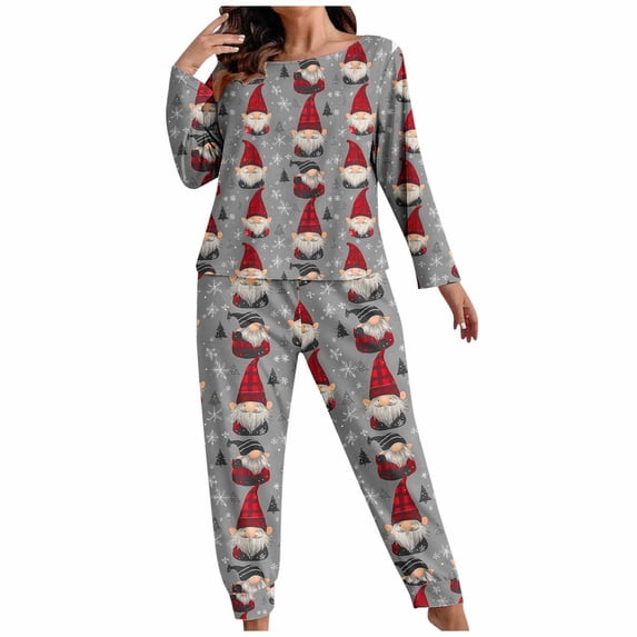 Hueook Christmas Pajamas for Woman Plus Size Women's Plus Size Fashionable Print Long Sleeved Pants Casual Home Suit Set Gray 3X