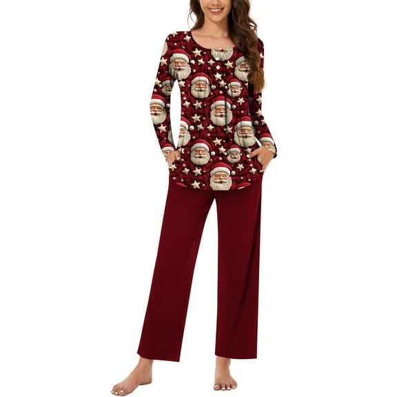 Hueook Christmas Pajamas for Women Women Fashionable Christmas Printed Round Neck Button Up Long Sleeved Pants Pajama Set Red 3X