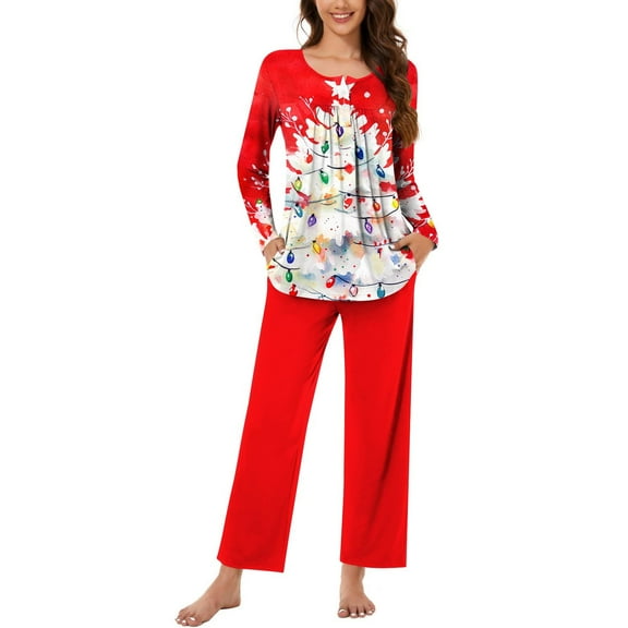 Hueook Christmas Pajamas for Women Women Fashionable Christmas Printed Round Neck Button Up Long Sleeved Pants Pajama Set Red S