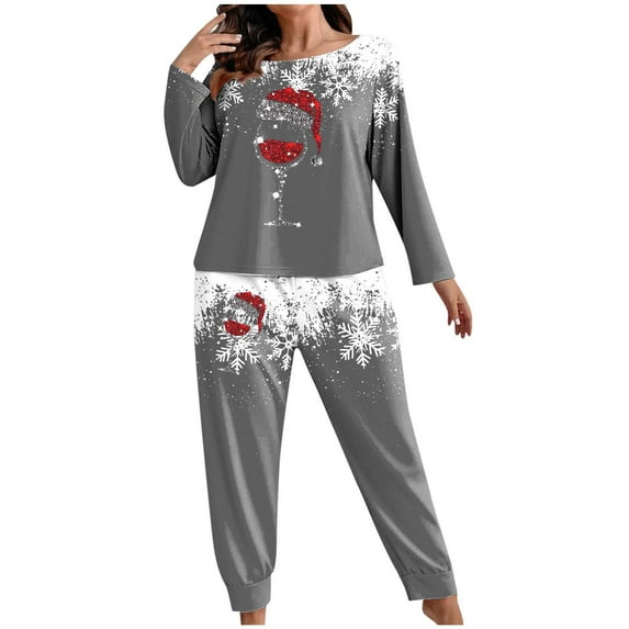 Hueook Christmas Pajamas for Women's Plus Size Fashionable Print Long Sleeved Pants Casual Home Suit Set Gray 4X