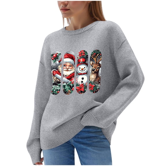 Hueook Christmas Plus Size Sweaters for Women Fashion Women's Casual Solid Color Long Sleeve Round-Neck Blouses Shirts Tops Sweater Gray L