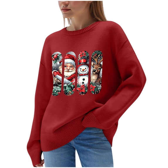 Hueook Christmas Plus Size Sweaters for Women Fashion Women's Casual Solid Color Long Sleeve Round-Neck Blouses Shirts Tops Sweater Red L