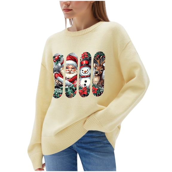 Hueook Christmas Plus Size Sweaters for Women Fashion Women's Casual Solid Color Long Sleeve Round-Neck Blouses Shirts Tops Sweater Yellow L