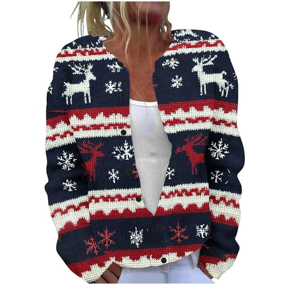 Hueook Christmas Print Long Sleeve Cardigan Loose Women Printing Blouses Long Sleeve Pullover Button-Up Hoodless Casual Fashionable Outwear Dark Blue 2X