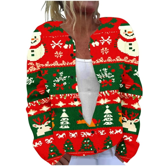 Hueook Christmas Print Long Sleeve Cardigan Loose Women Printing Blouses Long Sleeve Pullover Button-Up Hoodless Casual Fashionable Outwear Green 2X