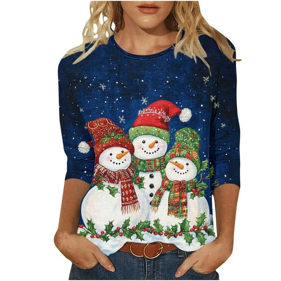 Hueook Christmas Shirts for Women Christian Shirts Ladies' Christmas Printed Round Neck Three Quarter Sleeve 3/4 Sleeve T-shirt Loose Top Long Sleeved Round Neck Top/shirt Multicolor XL