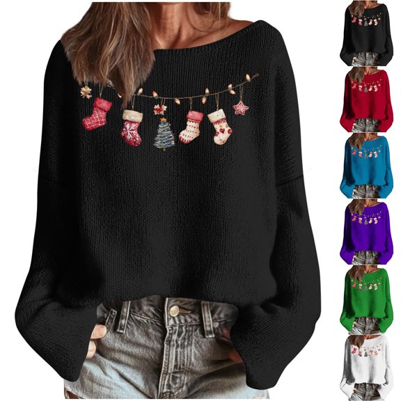 Hueook Christmas Shirts for Women Crew Neck Shirt Women's Winter Christmas Printed Long Sleeved Round Neck Coarse Woven Stripe Long Sleeved Pullover Top White L