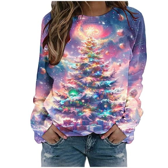 Hueook Christmas Shirts for Women Crew Neck Shirt Womens' Christmas Santa Claus Printed Shoulder Length Long Sleeved Round Neck Top/shirt Multicolor 5X