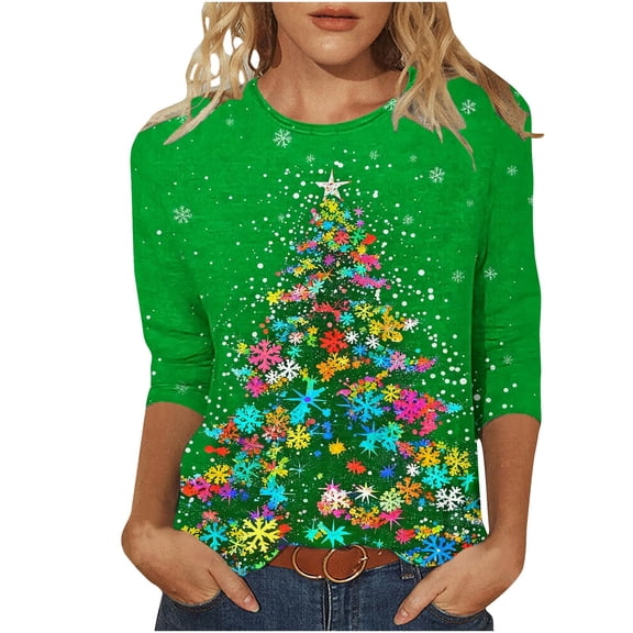 Hueook Christmas Shirts for Women Red Shirt Womens Ladies' Christmas Printed Round Neck Three Quarter Sleeve 3/4 Sleeve T-shirt Loose Top Long Sleeved Round Neck Top/shirt Multicolor M
