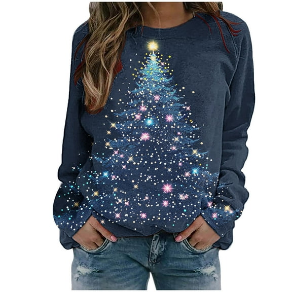 Hueook Christmas Shirts for Women Red Shirt Womens Womens' Christmas Santa Claus Printed Shoulder Length Long Sleeved Round Neck Top/shirt Multicolor S