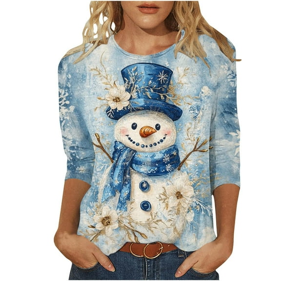 Hueook Christmas Shirts for Womens Shirts Ladies' Christmas Printed Round Neck Three Quarter Sleeve T-shirt Loose Top Long Sleeved Round Neck Top/shirt Multicolor S