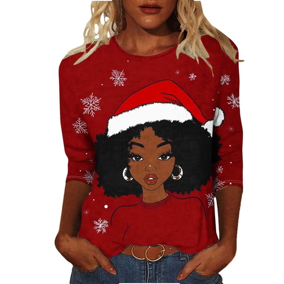 Hueook Christmas Shirts for Women Crew Neck Shirt Women's Fashion Tees Casual Crewneck 3/4 Sleeve Loose T Shirt Ladies Blouses Shirts Multicolor 2X
