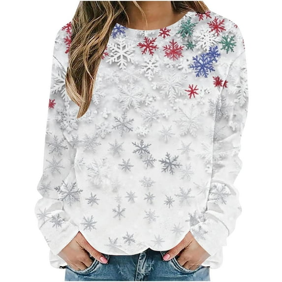 Hueook Christmas Shirts for Women Fall Shirts Women's Printed Loose Round Neck Sweatshirt Multicolor M