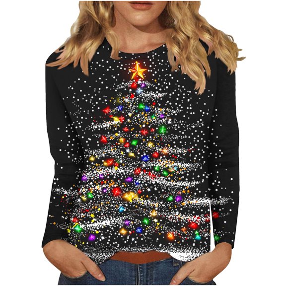 Hueook Christmas Shirts for Women Long Sleeve Tops Fashion Women's Casual Long Sleeve Christmas Printing Round Neck Loose T-Shirt Blouse Top Green M