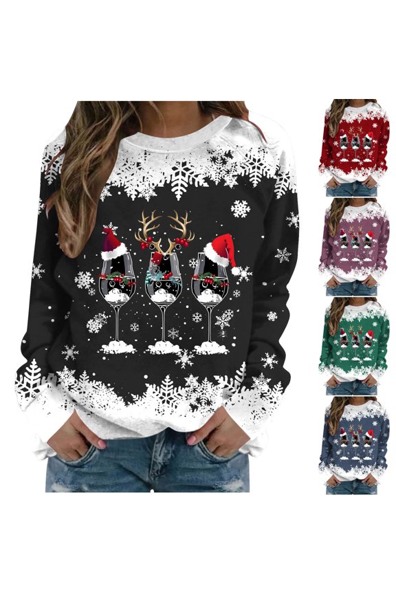 Christmas Shirts for Women Oversized Tshirts Women's Breast Printed Round Neck Long Sleeve Top Sweater Black XL