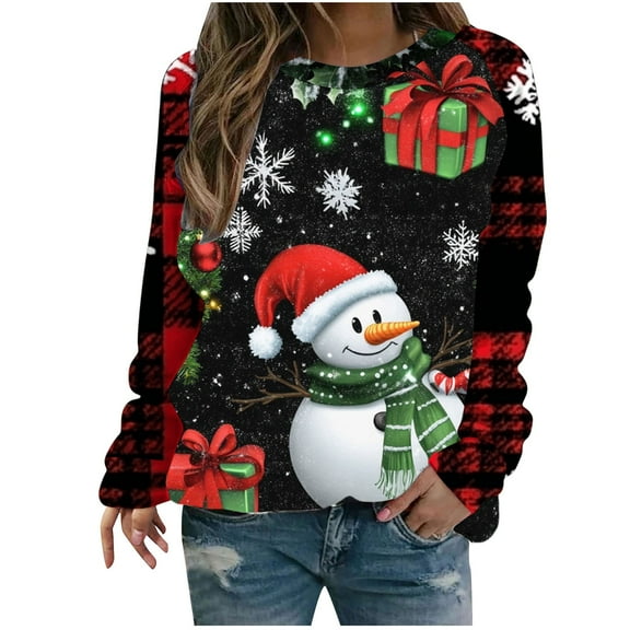 Hueook Christmas Shirts for Women Oversized Tshirts Women's Printed Loose Round Neck Sweatshirt Multicolor M