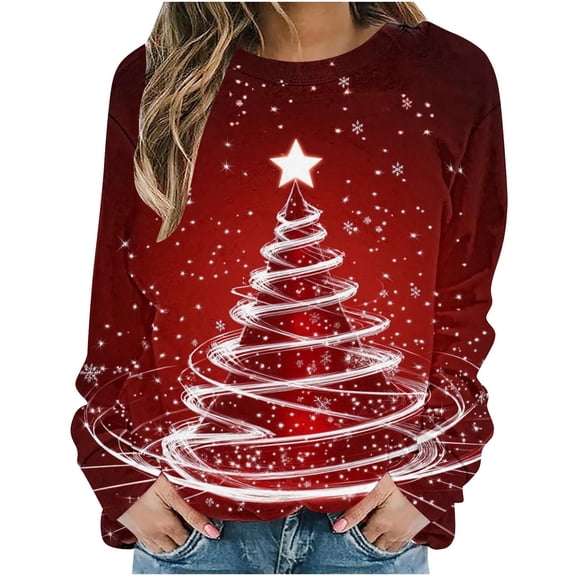 Hueook Christmas Shirts for Womens Shirts Women's Printed Loose Round Neck Sweatshirt Multicolor XL