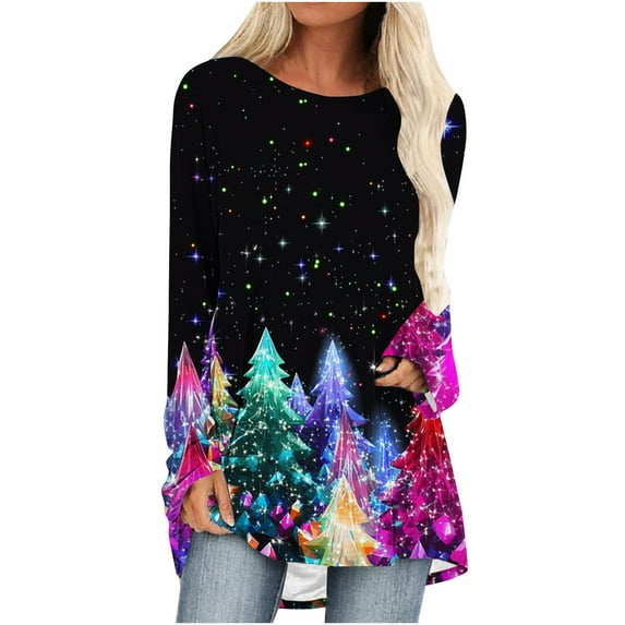 Hueook Christmas Shirts for Womens T Shirts Women Casual Long Sleeve Round Neck Pullover Loose Blouse Ethnic Style Printed ShirtsTops Multicolor S