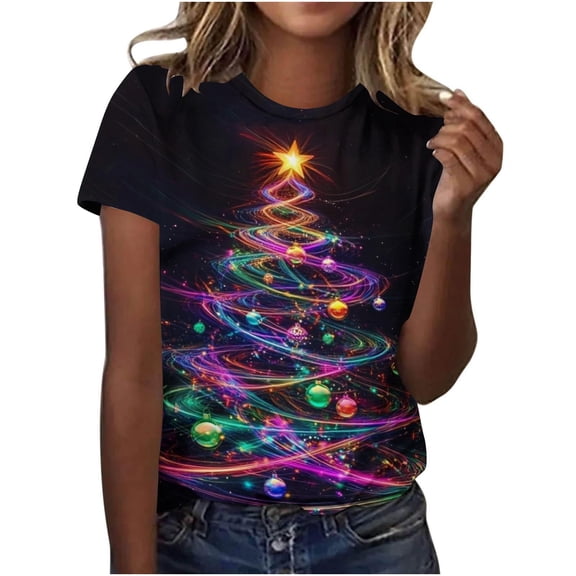 Hueook Christmas Short Sleeve Shirts for Women Christmas Printed Short Sleeved Round Neck Top Multicolor 5X