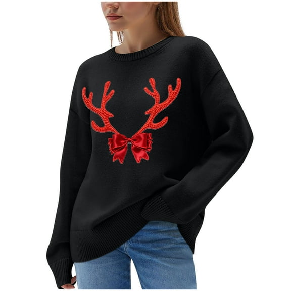 Hueook Christmas Sweaters for Women Fashion Women's Casual Solid Color Long Sleeve Round-Neck Blouses Shirts Tops Sweater Black L