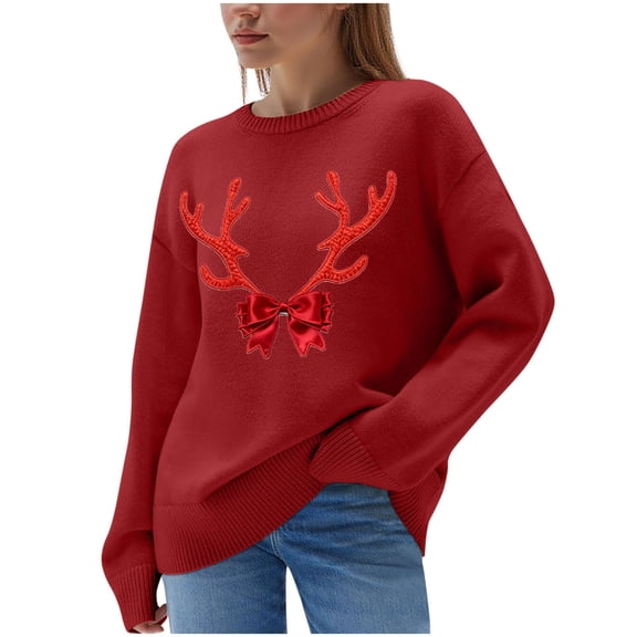Hueook Christmas Sweaters for Women Fashion Women's Casual Solid Color Long Sleeve Round-Neck Blouses Shirts Tops Sweater Red 3X