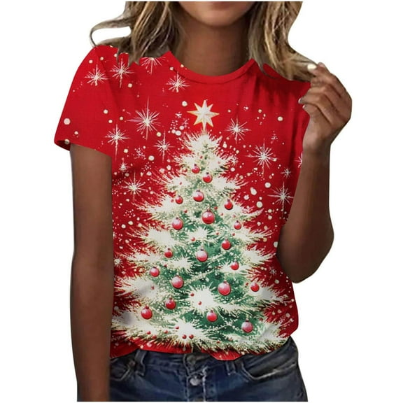 Hueook Christmas T Shirts for Women Christmas Printed Short Sleeved Round Neck Top Multicolor 4X