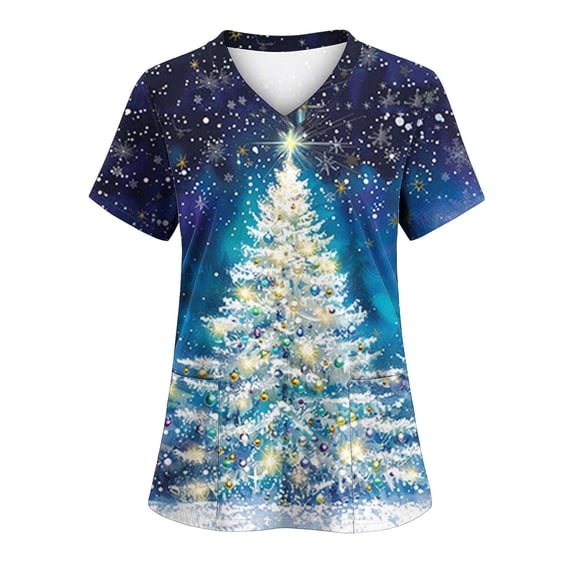 Hueook Christmas Womens Flannel Shirt Women's Breast V-neck Short Sleeve Pocket Overalls Shirt Multicolor XL