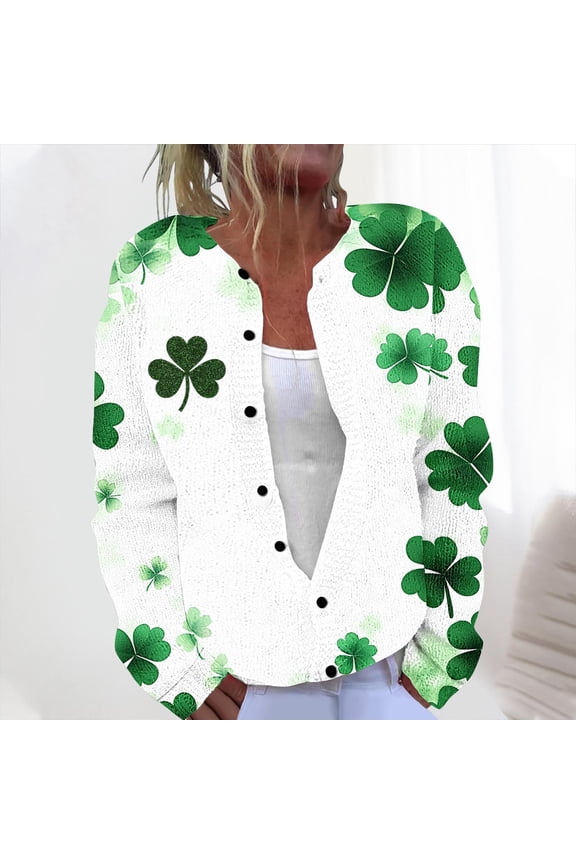 Chunky Cardigan Sweaters for Women Casual St. Patrick's Day Print Knit Cardigan Button Up Coat Green 5X