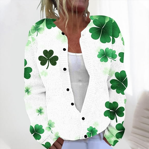 Hueook Chunky Cardigan Sweaters for Women Casual St. Patrick's Day Print Knit Cardigan Button Up Coat Green L