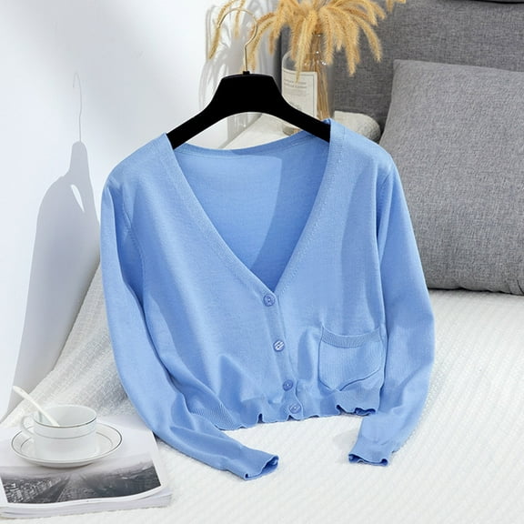 Hueook Chunky Cardigan Sweaters for Women Solid Button Casual Cardigan-neck Long Sleeve Knitted Coat Blue 2X