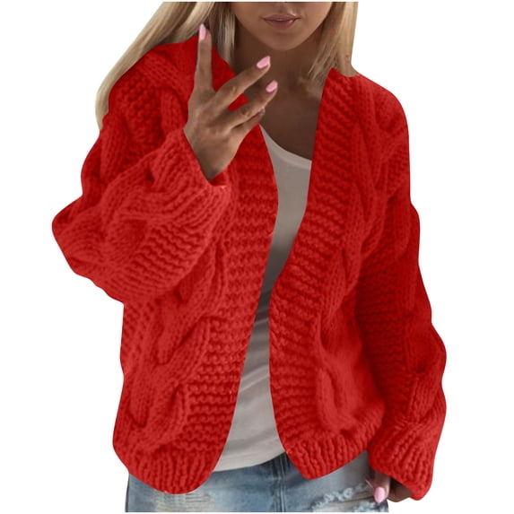 Hueook Chunky Knit Cardigans Sweaters for Women Thick Casual Long Sleeve Cardigan Sweater Jacket Red XL