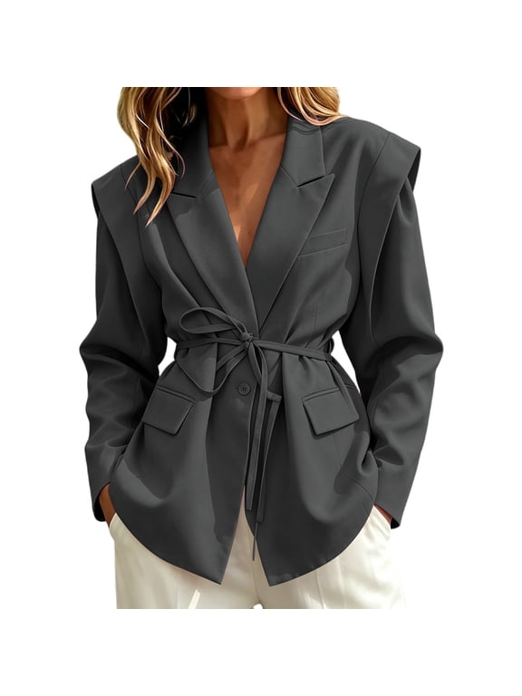 Cinched Jacket Baggy Coats Waist Slimming Tie Fall and Winter Waists Thin Loose V neck Coat Woman White M