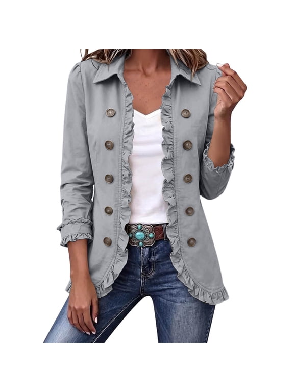 Coat for Women Double Breasted Lapel Long Sleeve Mid Length Trench Coat with Pockets Gray M